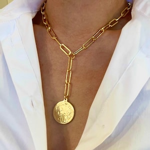 Chunky Paperclip Chain Necklace, Coin Medallion, Layering Necklace, Medallion Necklace, Y Lariat, French Coin Pendant, Lariat Necklace Gold Coin Lariat Necklace