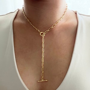 Multi-way Paperclip Lariat, Toggle Front Clasp, Y Necklace, Gold Lariat Y Necklace, Toggle Necklace, Lariat