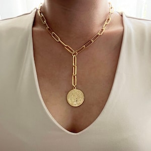 Chunky Paperclip Chain Necklace, Coin Medallion, Layering Necklace, Medallion Necklace, Y Lariat, French Coin Pendant, Lariat Necklace, fashion necklace, costume jewelry, paperclip y necklace, statement necklaceGold Coin Lariat Necklace