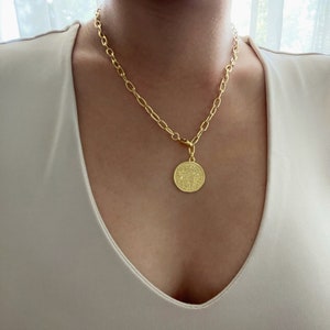 Paperclip Lariat Necklace, Multi-way Lariat Necklace, Coin Pendant, Gold Lariat Necklace, Chunky Necklace, Greek Coin Lariat