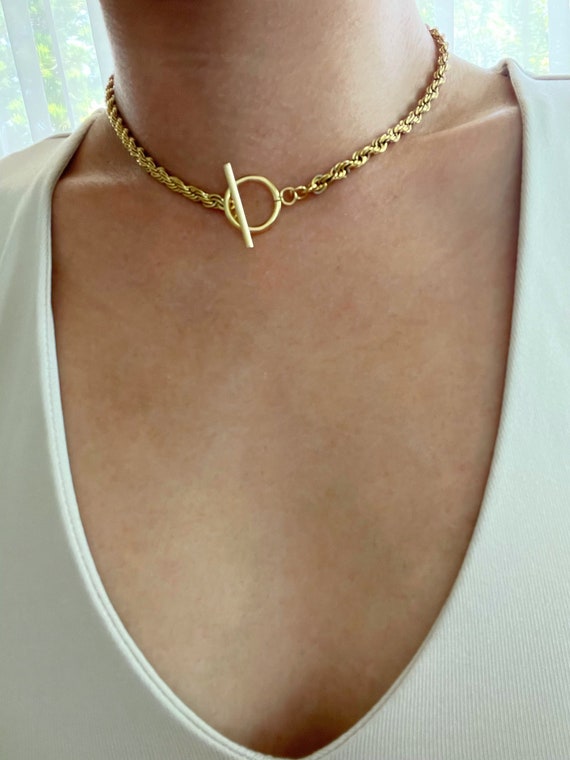 Gold Plated Rope Chain Choker Necklace With Toggle Clasp