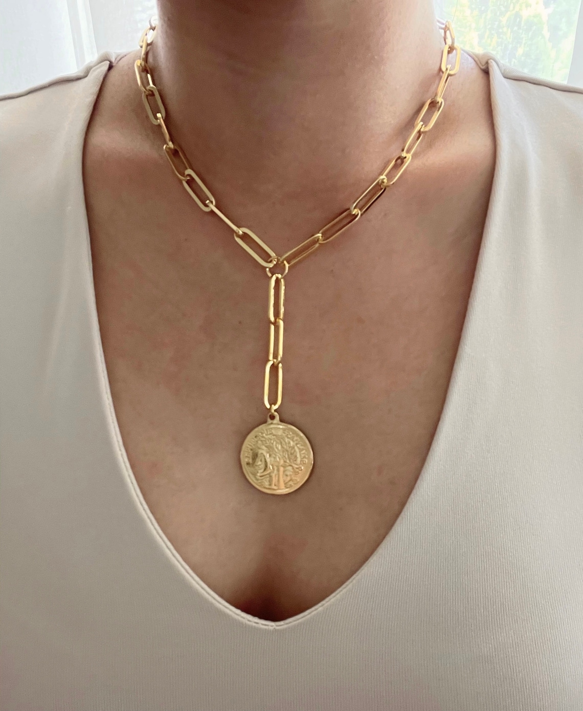 Chunky Paperclip Chain Necklace Coin Medallion Layering Etsy