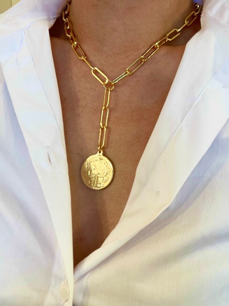 Chunky Paperclip Chain Necklace, Coin Medallion, Layering Necklace, Medallion Necklace, Y Lariat, French Coin Pendant, Lariat Necklace Gold Coin Lariat Necklace