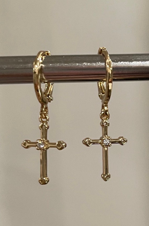 Gold Plated Dainty Cross Huggie Earrings