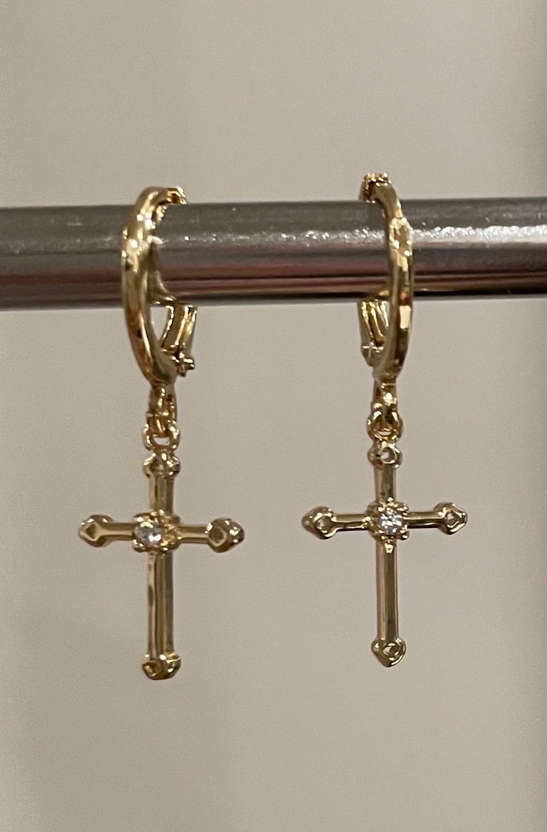Gold Dainty Cross Earrings, Huggie Cross Earrings, Dangling Cross Earrings, Gold Cross, Gift for Her, Dainty Cross Earrings