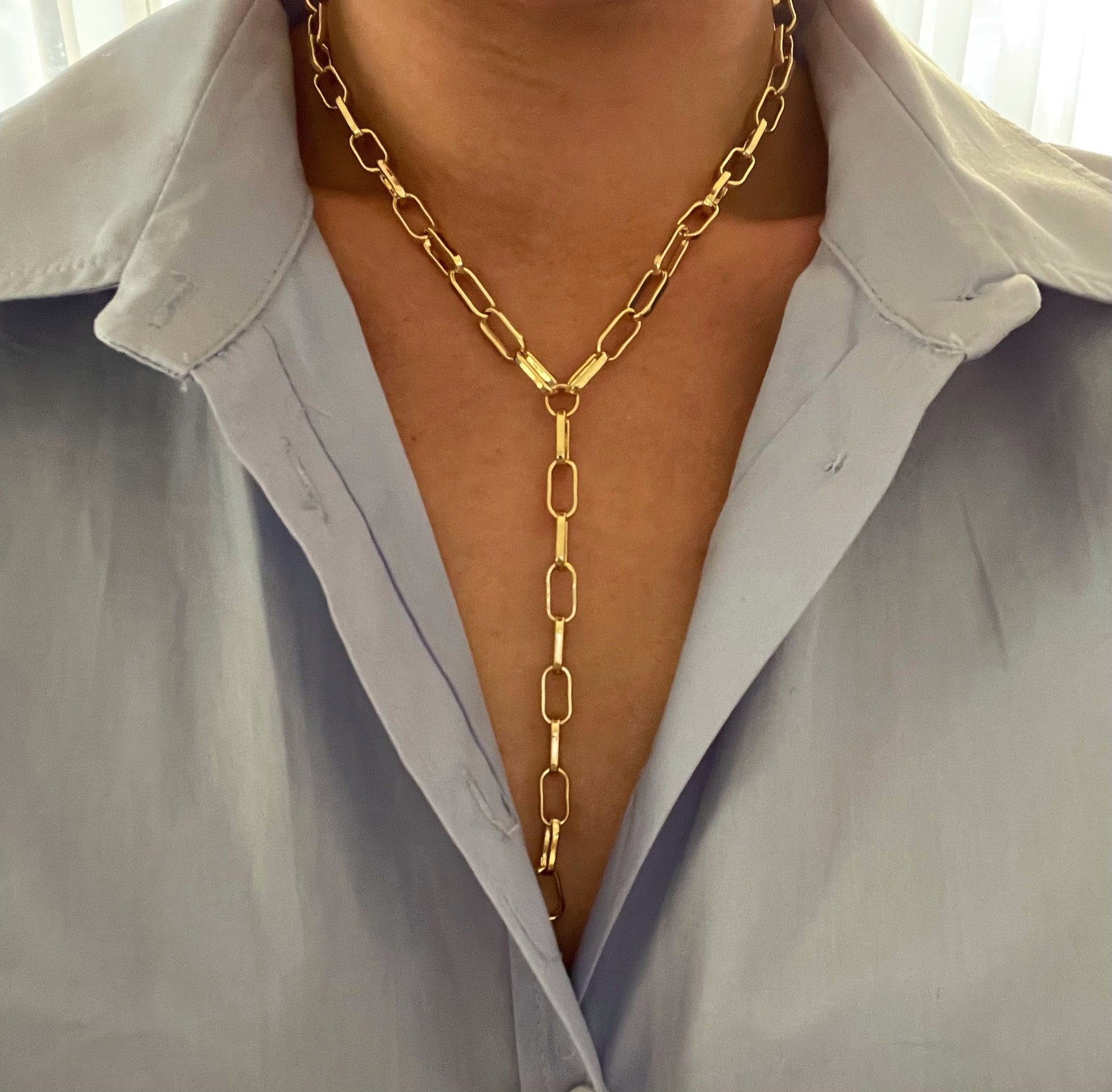 Gold Paperclip Lariat Necklace Chunky Lariat Gold Lariat Etsy