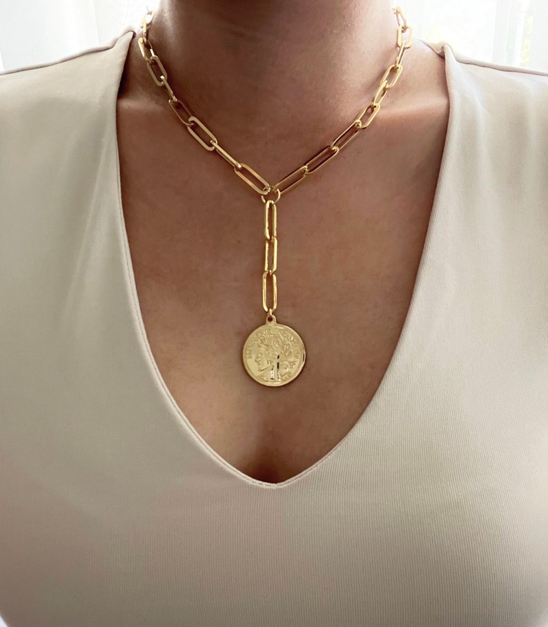 Chunky Paperclip Chain Necklace, Coin Medallion, Layering Necklace, Medallion Necklace, Y Lariat, French Coin Pendant, Lariat Necklace, fashion necklace, costume jewelry, paperclip y necklace, statement necklaceGold Coin Lariat Necklace