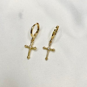 Gold Dainty Cross Earrings, Huggie Cross Earrings, Dangling Cross Earrings, Gold Cross, Gift for Her, Dainty Cross Earrings