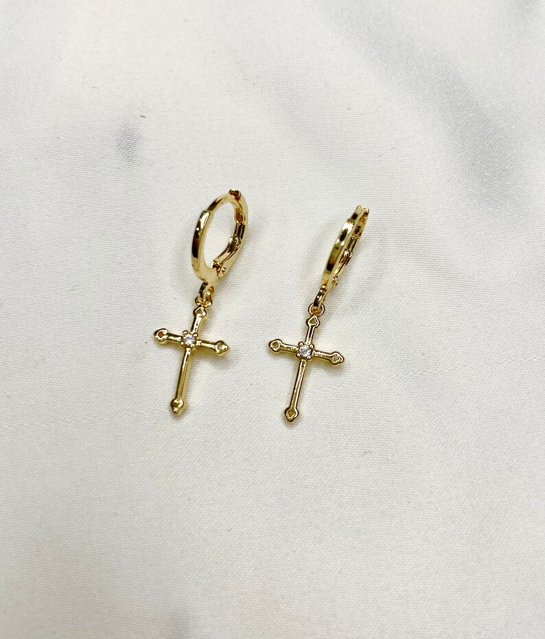 Gold Dainty Cross Earrings, Huggie Cross Earrings, Dangling Cross Earrings, Gold Cross, Gift for Her, Dainty Cross Earrings