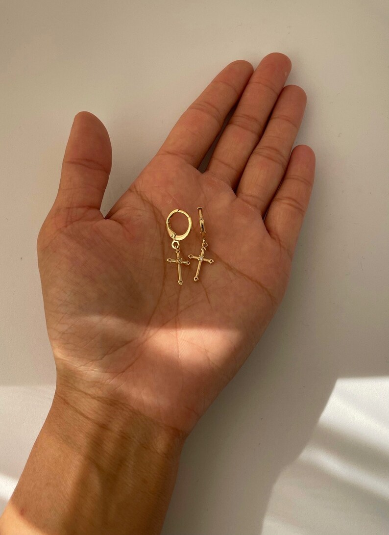 Gold Dainty Cross Earrings, Huggie Cross Earrings, Dangling Cross Earrings, Gold Cross, Gift for Her, Dainty Cross Earrings