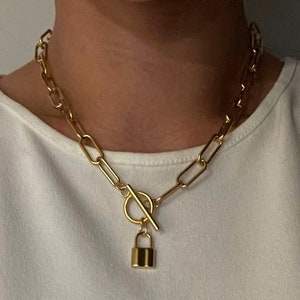 Lock Paperclip Chain Necklace, Lock Chain Link Necklace, Lock Chain Layering Necklace, Lock Chain, Rectangular Chain Necklace, Toggle Choker