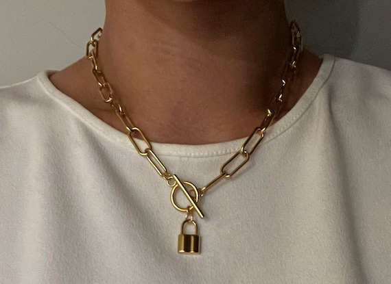 Paperclip chain necklace with lock deals