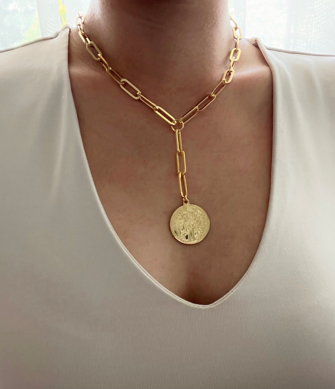 Chunky Paperclip Chain Necklace Coin Medallion Layering Etsy