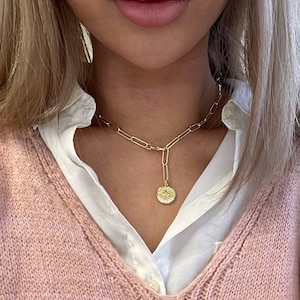 Paperclip Lariat Necklace, Evil Eye Lariat Necklace, Evil Eye Coin Pendant, Gold Lariat Necklace, Chunky Necklace