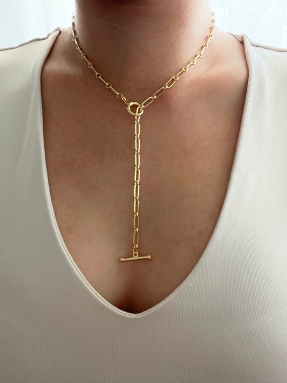 Multi way Paperclip Lariat Toggle Front Clasp Y Necklace Gold