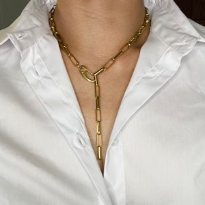 Gold Lariat, Lariat Necklace, Paperclip Lariat Necklace, Statement Necklace, Layering Necklace,  Lariat Necklace