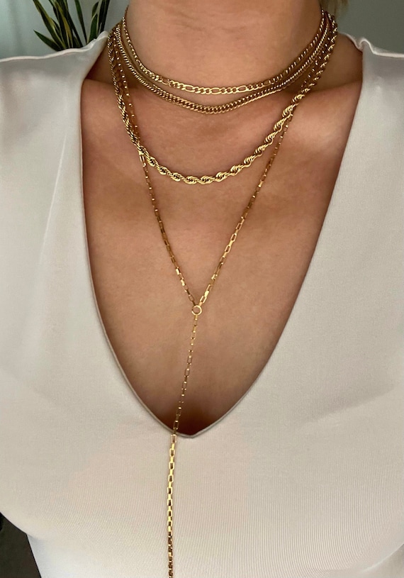Gold Lariat Necklace Layering Necklaces Gold Chain Necklace Paperclip Necklace Figaro Chain Rope Chain Dainty Padlock Necklace