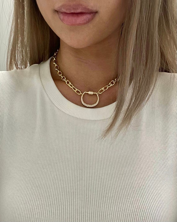 Gold Chunky Link Chain Choker: CZ Carabiner Clasp Statement