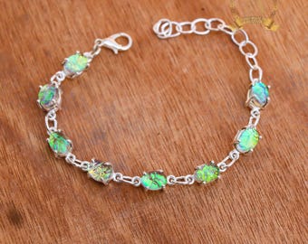 Natural Green Opal Gemstones, Australian Green Opal Bracelet - Bold 925 Sterling Silver Statement Bracelet,  October Birthstone Jewelry