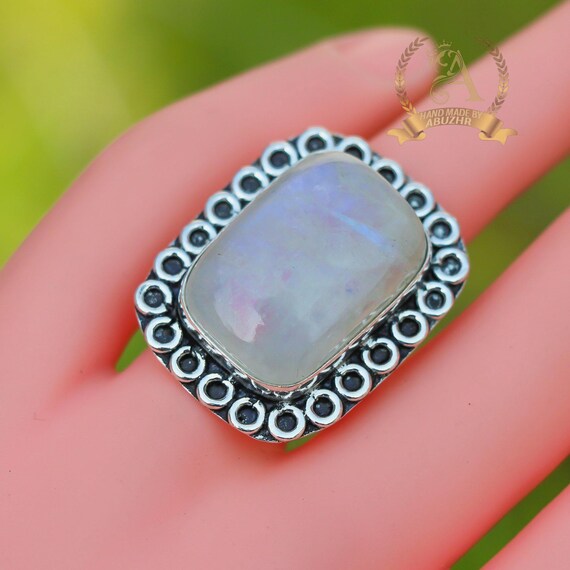 Natural Rainbow Moonstone Sterling Silver Ring – Handmade, Sizeable, Blue Flash