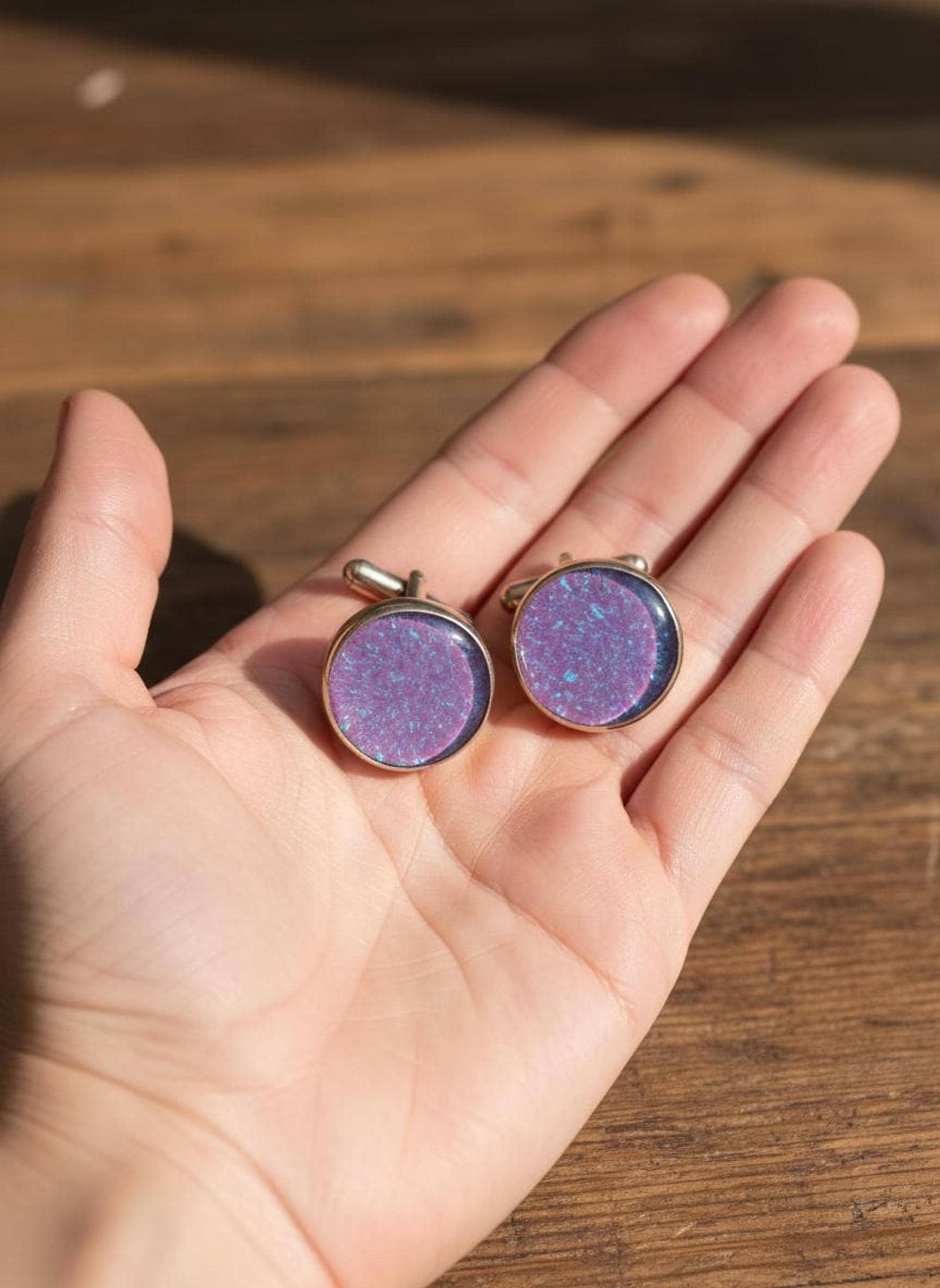 Purple Fire Opal Cufflinks Handmade 925 Sterling Silver Round Cuff Links