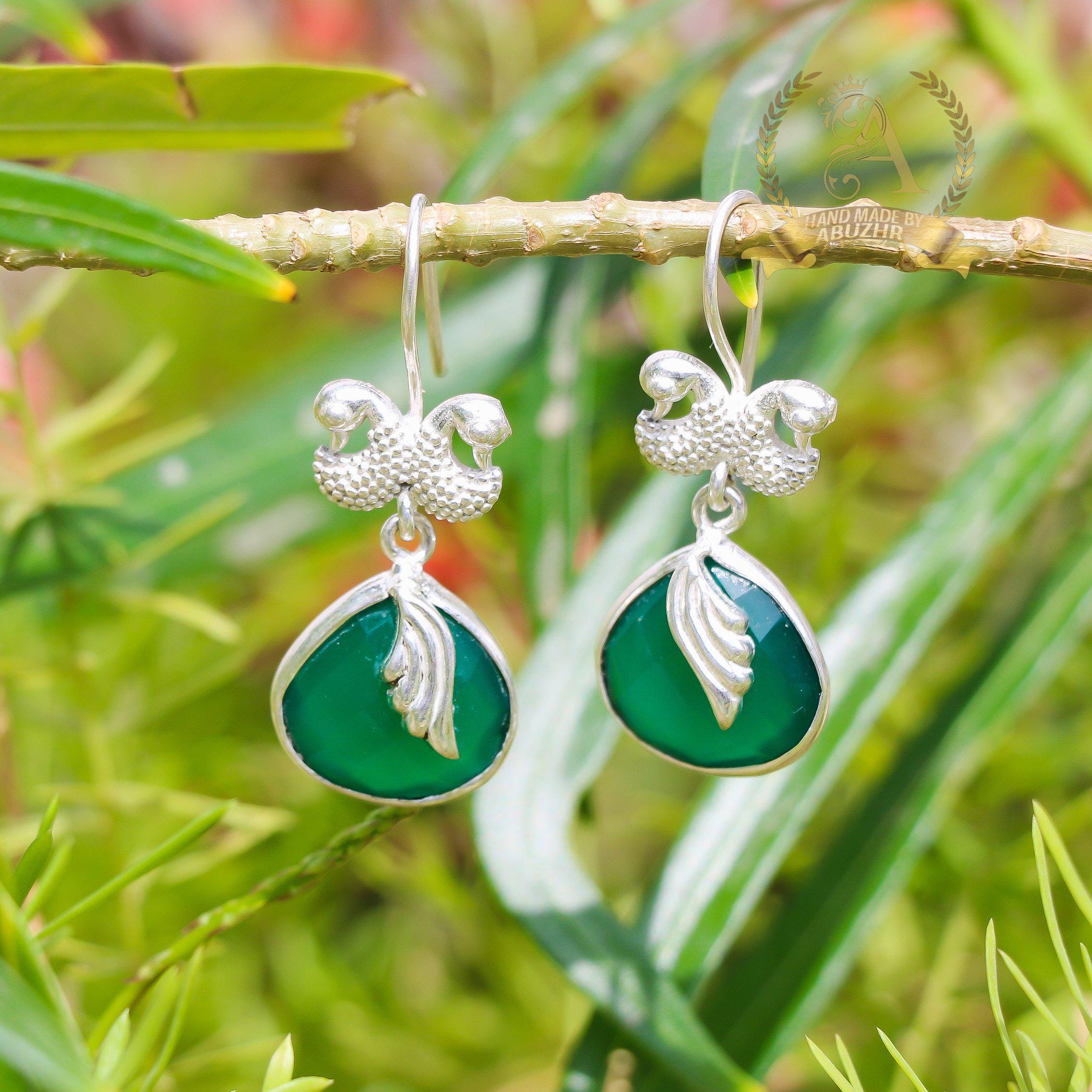 Boucles D’oreilles Longues émeraude Et Onyx Argent 925 – Zirconium Cubique, Adastra, Pour Soirée