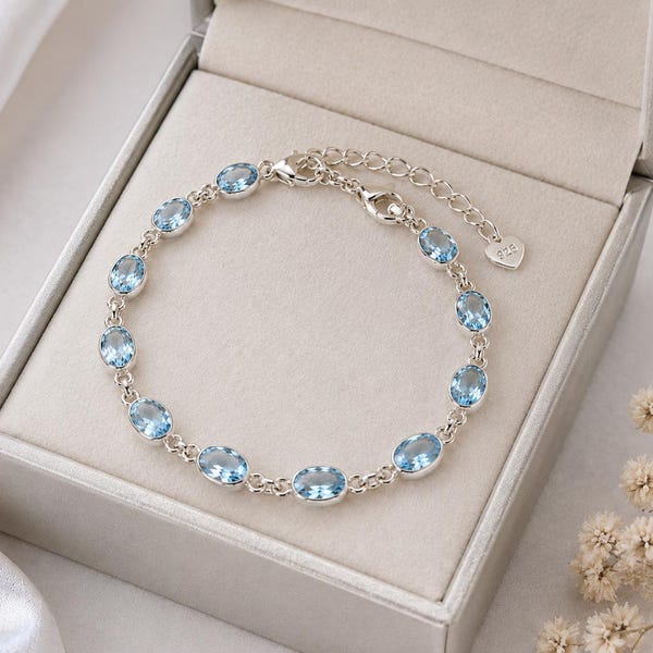 Aquamarine Bracelet 925 Sterling Silver, March Birthstone , Blue Gemstone Tennis , Adjustable Jewelry aqll- (1)