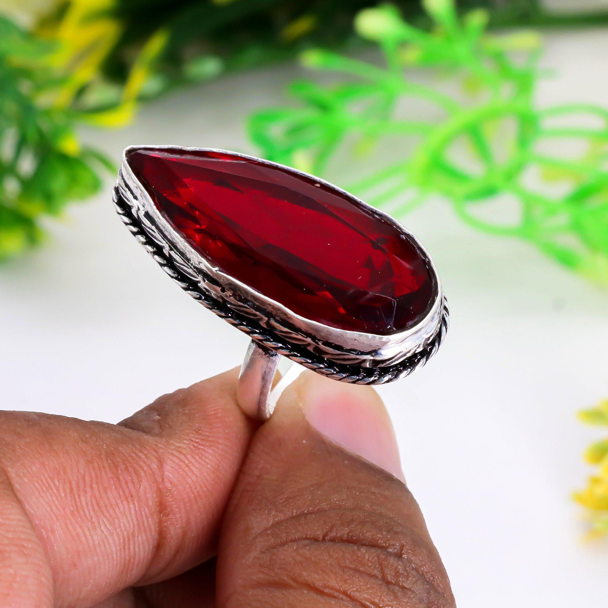 Bague Cocktail Argent Sterling - Pierre Rouge Et Marcassites, Taille 58, Occasion