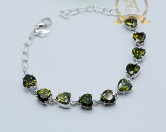 925 Sterling Silver Bracelet with Olive Green Heart CZ | Handmade Dainty Silver Bracelet | Adjustable Gift for Her | Elegant Green Jewelry