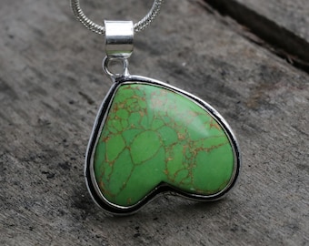 Sterling Silver Green Turquoise Heart Pendant: Boho Healing Necklace