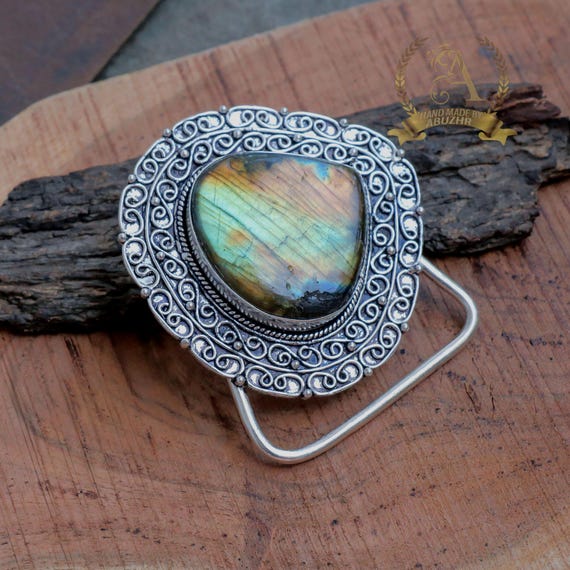 Handmade Labradorite Buckle: Sterling Silver Belt Buckle 