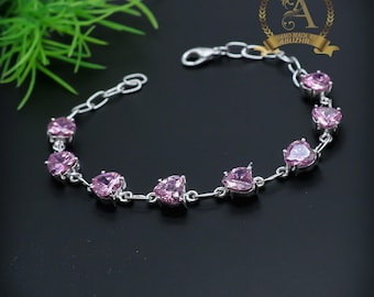 Pink Topaz Bracelet 925 Sterling Silver Bracelet Pink Topaz Gemstone Bracelet Handmade Silver Jewelry Bracelet Heart Bracelet Gift For Her
