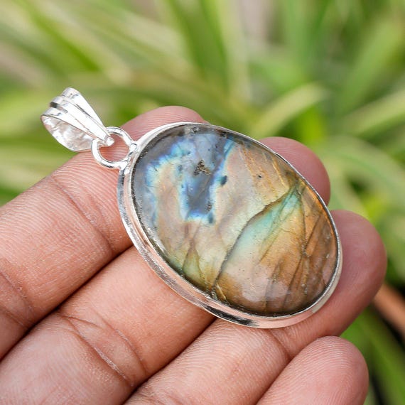Pendentif En Labradorite Naturelle - Forme Ovale, Bleu, Pierre Percée, Neuf Sans Emballage