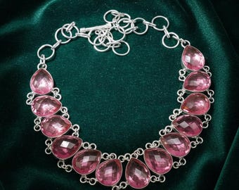 Pink Quartz Teardrop Necklace, 925 Sterling Silver, 18 inch