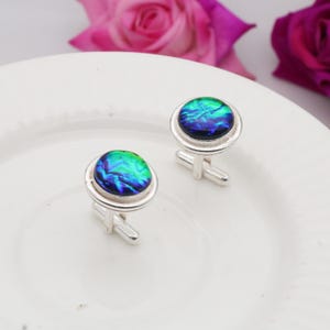 Puede incluir: Un par de gemelos plateados con centros redondos iridiscentes azules y verdes. Los gemelos se colocan sobre un fondo blanco, con rosas rosas en el fondo.