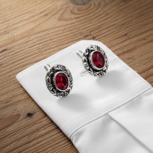 Gemelos de granate para hombre, gemelos florales de plata de ley 925, regalo vintage para el novio en una boda.