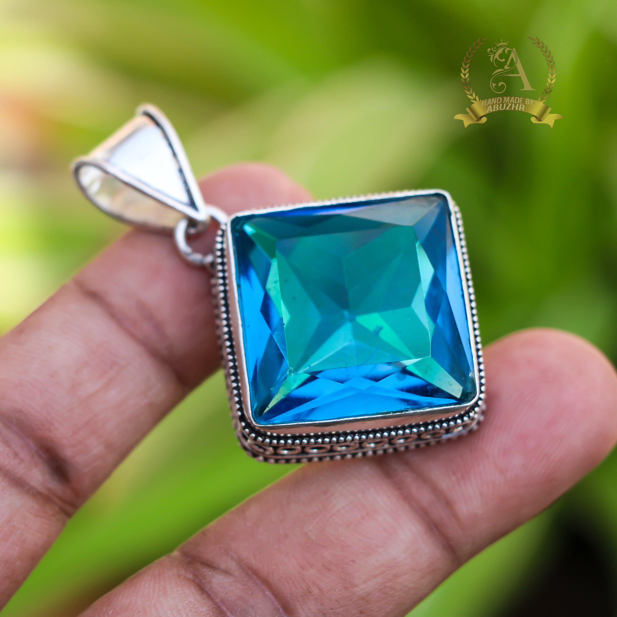 Blue Green Square Gemstone Pendant in 925 Silver | Vintage