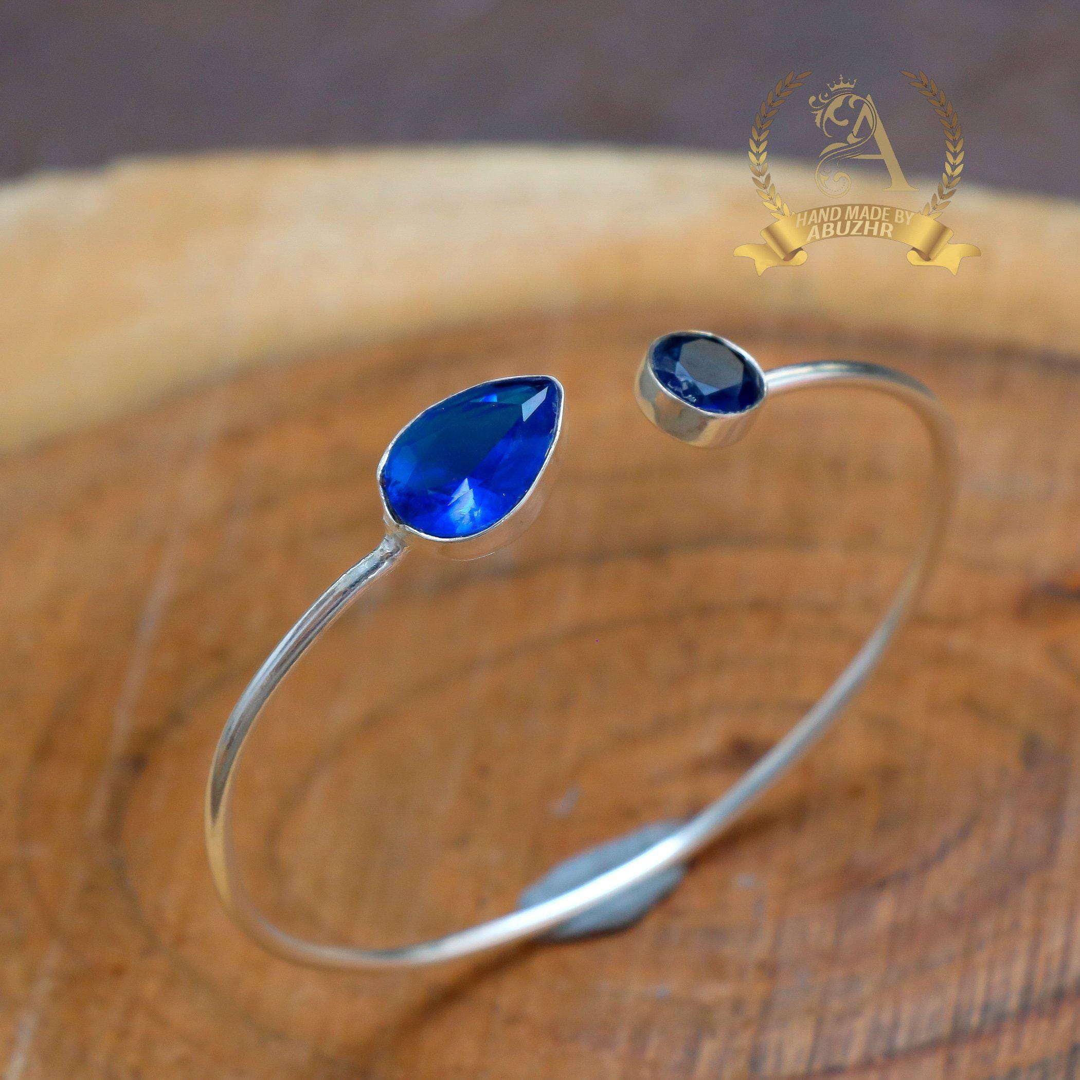 ブルートパーズバングル：ハンドメイド925スターリングシルバーカフ