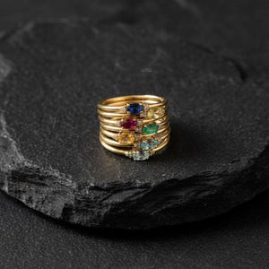Anillos apilables, anillo con múltiples piedras preciosas, oro, fino, colorido.