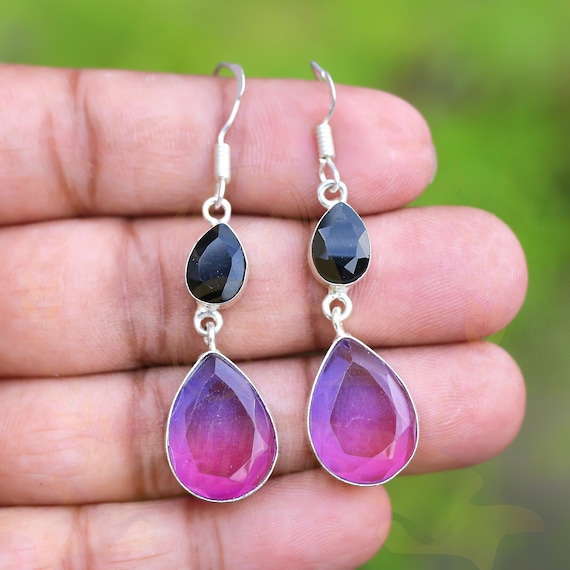Bi-Color Tourmaline Drop Earrings/Fine Silver Dangle Jewellery/Handmade Gemstone Earrings/Unique Gift for Her/UK Artisan/Boho Style Earrings