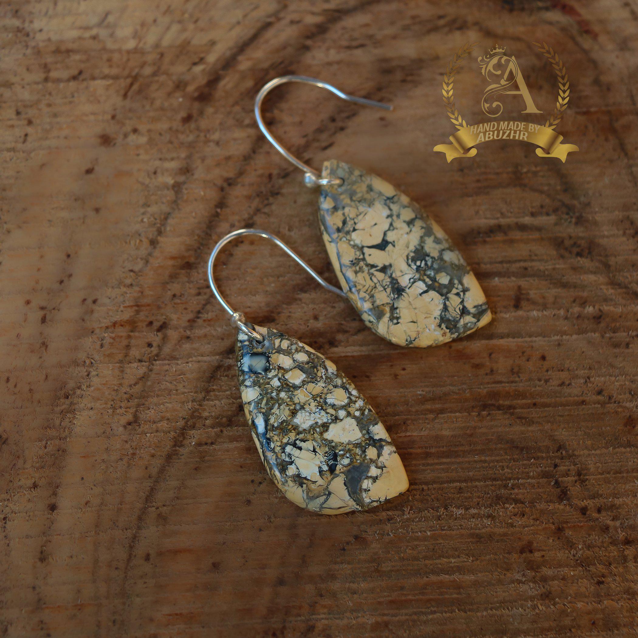 Boucles D'oreilles Faites Main En Argent 925 - Jaspe Picasso Marbré, Breloque, Modèle #E00446