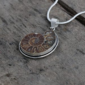 Handmade Ammonite Fossil Pendant Necklace – Sterling Silver Setting – Natural Fossil Jewelry – Unique Geological Gift – Boho Earthy Necklace