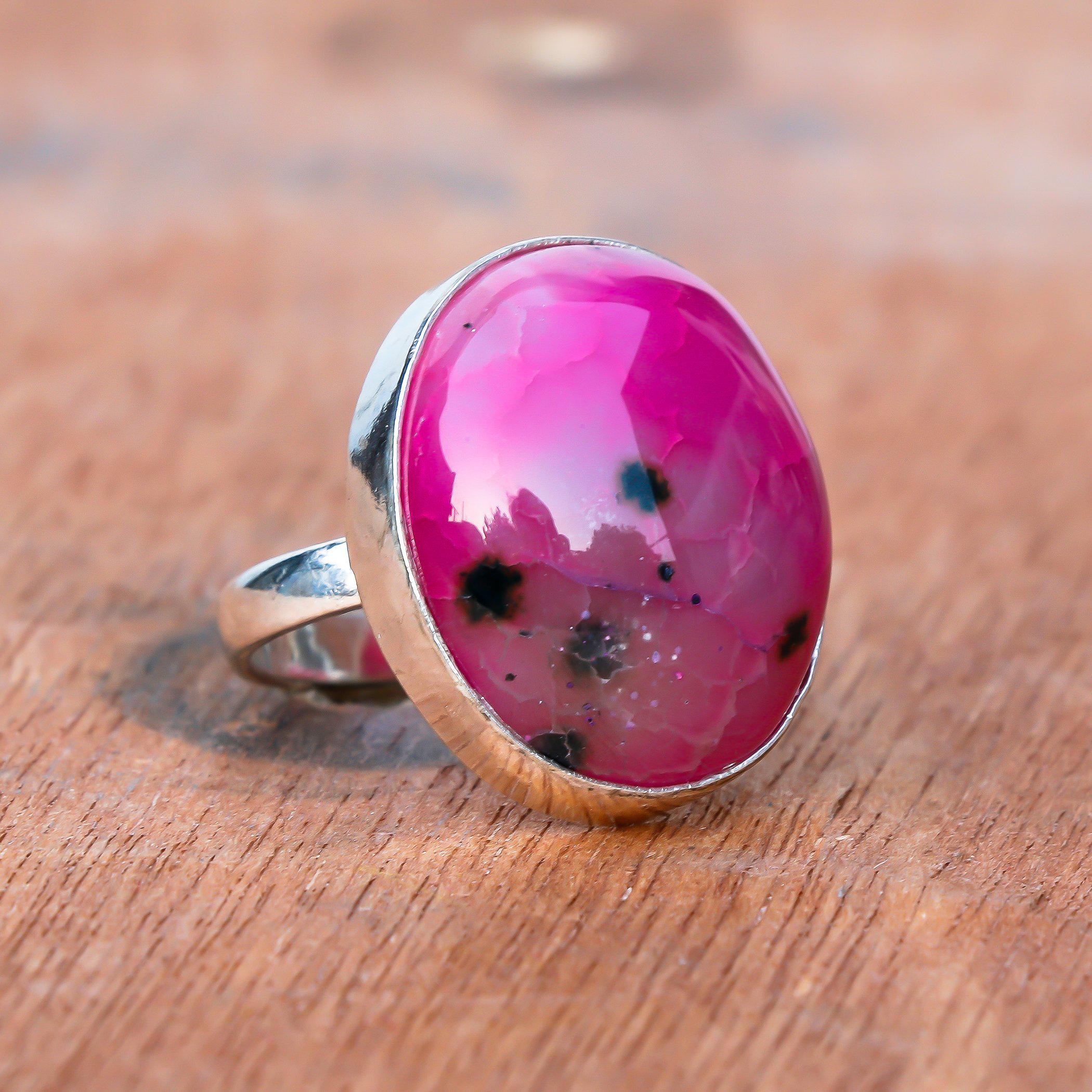 ピンクデンドリティックオパールリング：ハンドメイド925スターリング