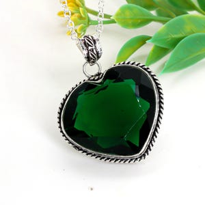 Heart Emerald Pendant Necklace: Vintage Silver Plated Statement Jewelry
