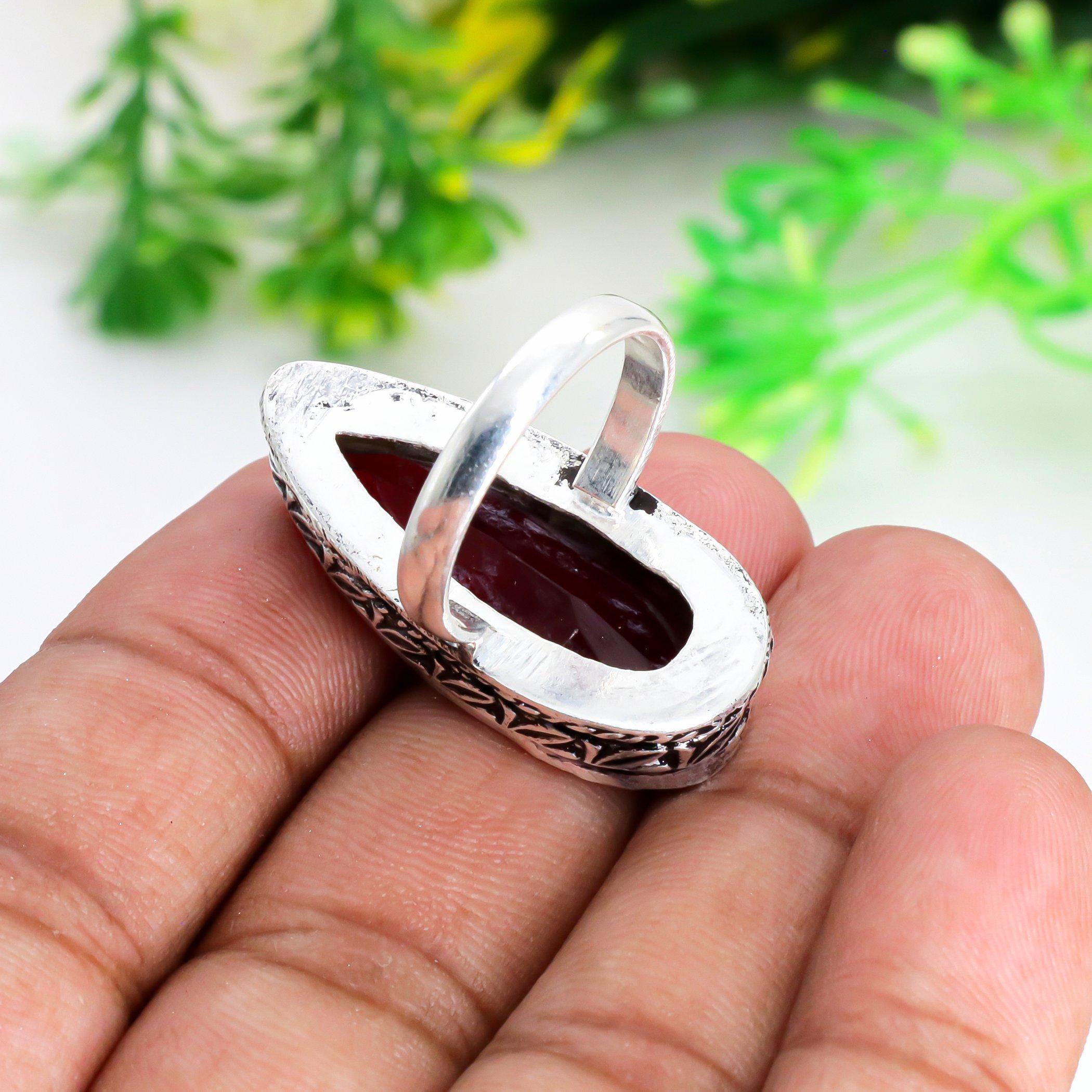 Bague Cocktail En Argent Sterling 925 - Pierre Rouge Et Marcassites - Minerve - Taille 58 - Occasion