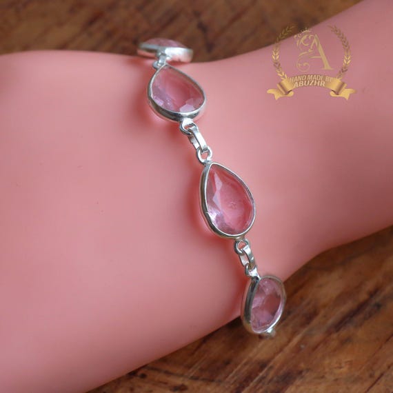 Bracelet Manchette En Argent Sterling 925 Avec Quartz Rose – Fait Main – Inde