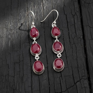 natural ruby Dangle Earrings | Faceted Red Ruby Long Drop | Handmade Gemstone | July Birthstone