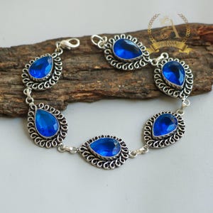 Blauer Saphir Armband: Handgemachte 925 Sterling Silber Vintage Style