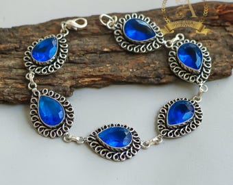 925 Sterling Silver Bracelet Pear Blue Sapphire 9x7mm