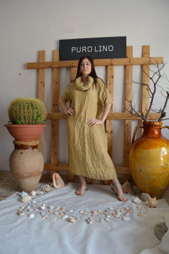 Pure Italian Linen Positano Long gold Dress Short sleeves Pure Italian Linen Positano Long gold Dress Short sleeves